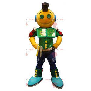 Mascote robô amarelo verde e azul muito divertido -