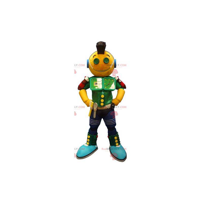 Mascotte robot giallo verde e blu molto divertente -
