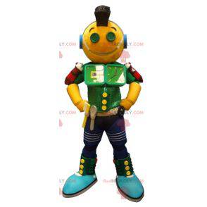 Mascotte de robot jaune vert et bleu très amusant -