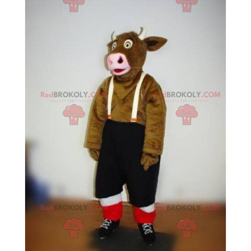Brown cow mascot with suspender shorts - Redbrokoly.com