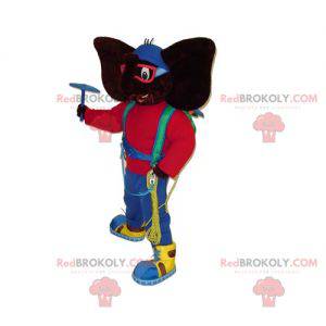 Mascote elefante preto com roupa de alpinista muito colorida -