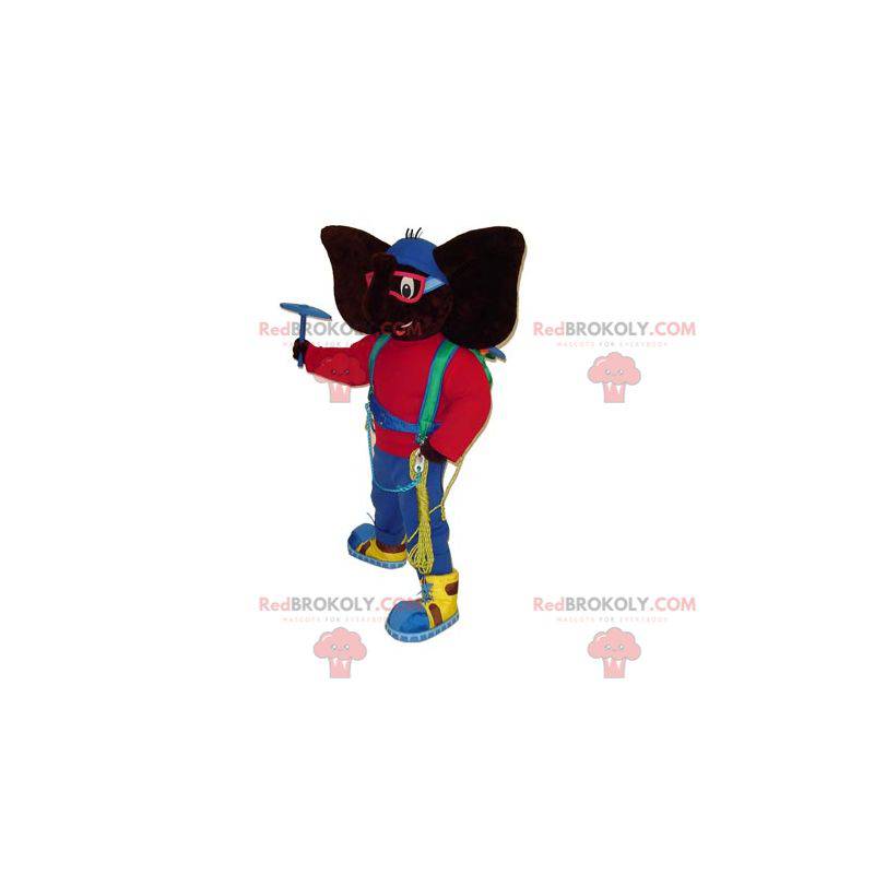 Black elephant mascot in very colorful mountaineer outfit -