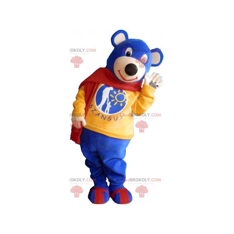 Mascot lille blå bjørn iført et rødt tørklæde - Redbrokoly.com
