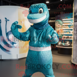 Turquoise Python-mascottekostuum gekleed met een Rash Guard en Wraps - Python-mascottes - REBROKO_219365 - RedBrokoly.com