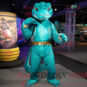 Costume de mascotte de Python turquoise habillé d un Rash Guard et d un Wraps - Mascottes Python - RedBrokoly.com