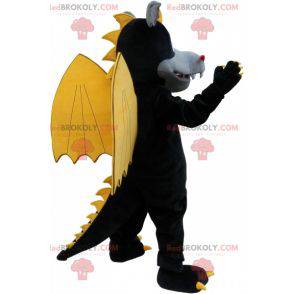 Schwarz geflügeltes Drachenmaskottchen mit Ohren und Krallen -