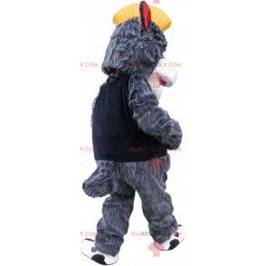 Maskottchen grauer und weißer Bär mit gelbem Wappen -