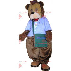 Mascotte dell'orso bruno con una borsa a tracolla -