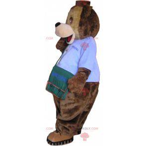 Mascotte dell'orso bruno con una borsa a tracolla -