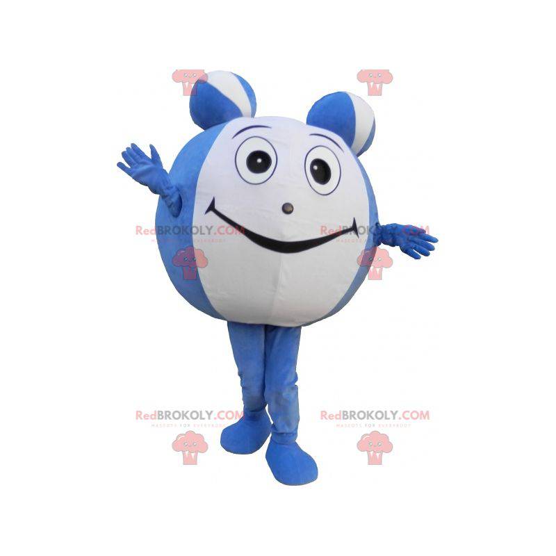Mascot gigantische blauwe en witte bal. Ronde mascotte -