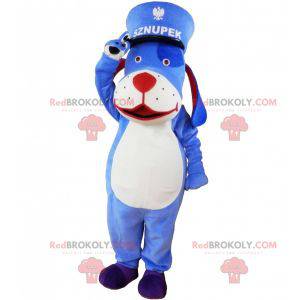 Mascotte cane blu e bianco con un kepi. Mascotte animale blu -