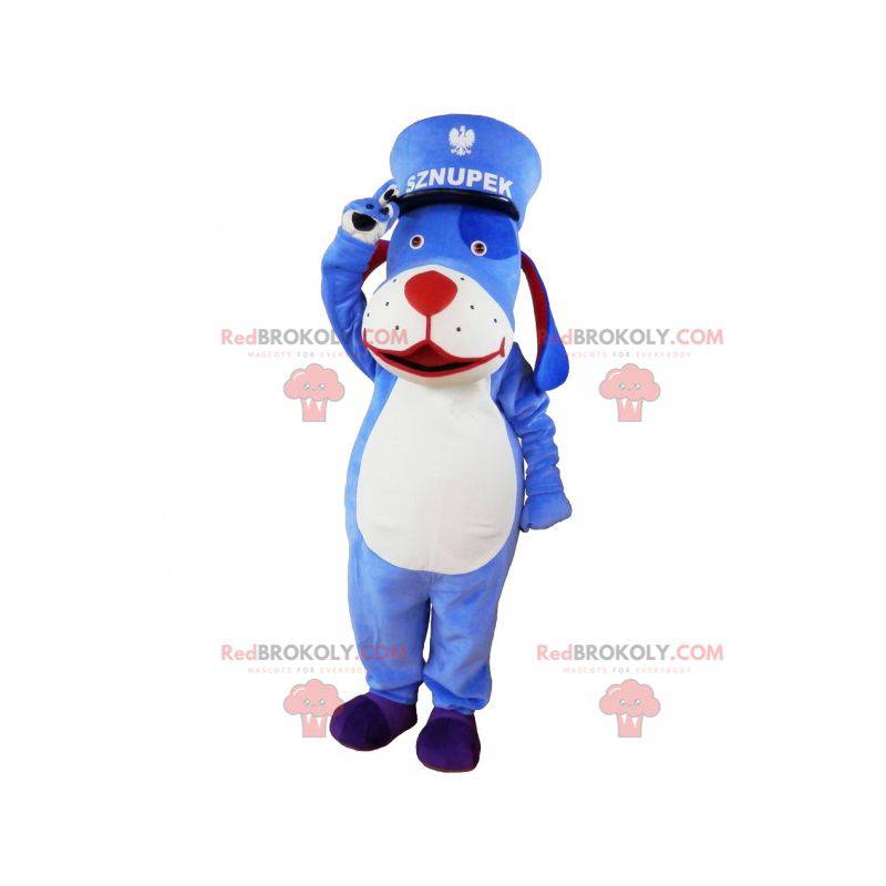 Blue and white dog mascot with a kepi. Blue animal mascot -