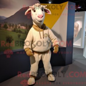 Máscara de cabra bronzeada com características drásticas um moletom e um computador - Mascotes de cabra - RedBrokoly.com