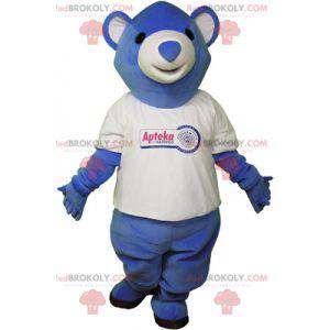 Mascote do ursinho de pelúcia azul com uma camiseta -