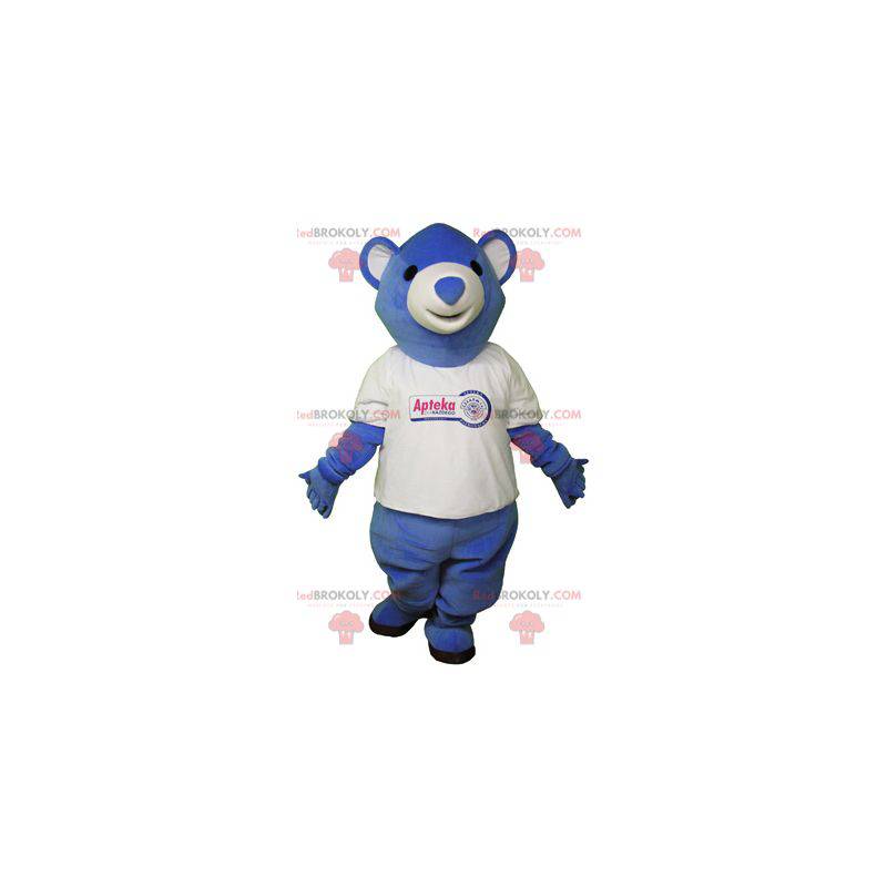 Mascota del oso de peluche azul con una camiseta -