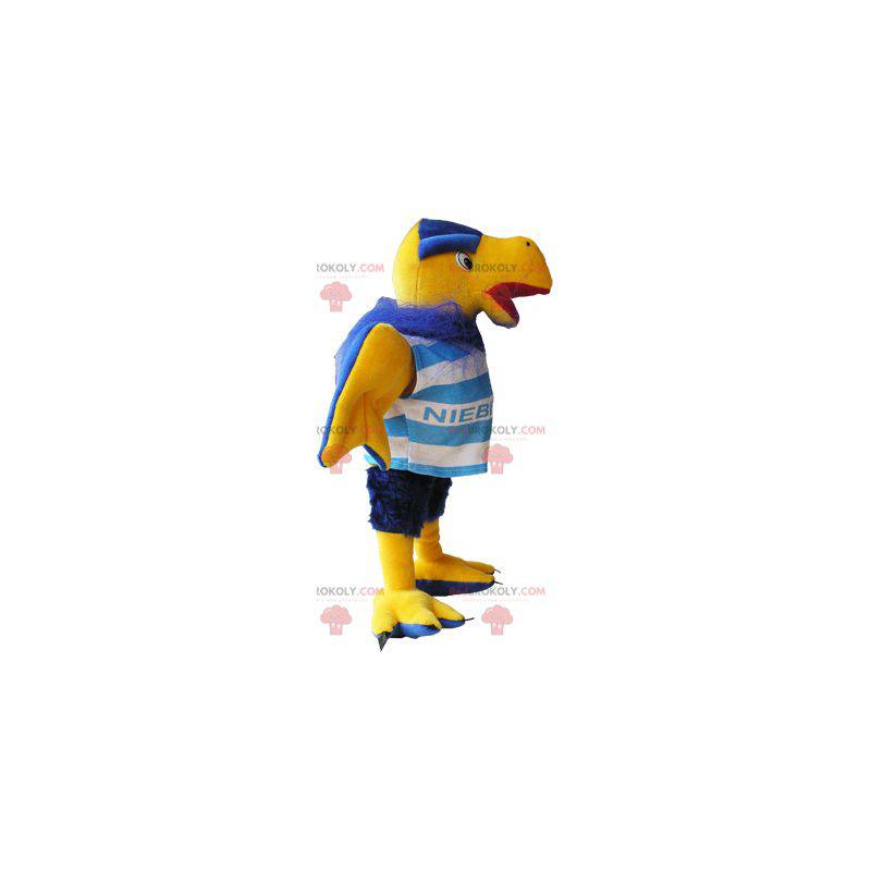 Mascote abutre amarelo e azul em roupas esportivas -