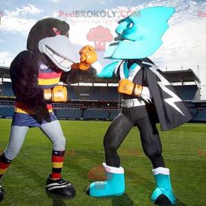 2 mascotas, un cuervo negro y un superhéroe azul. -