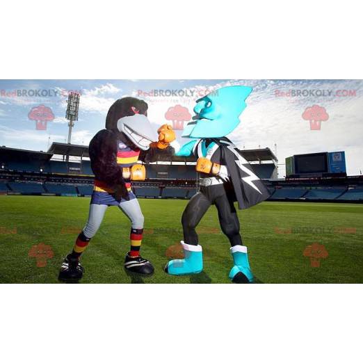 2 mascots a black crow and an all blue superhero -