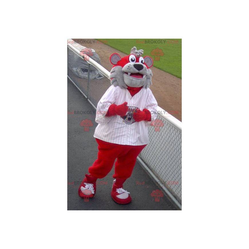 Graues und rotes Hundebärenmaskottchen - Redbrokoly.com Graues und rotes Hundebärenmaskottchen - Redbrokoly.com