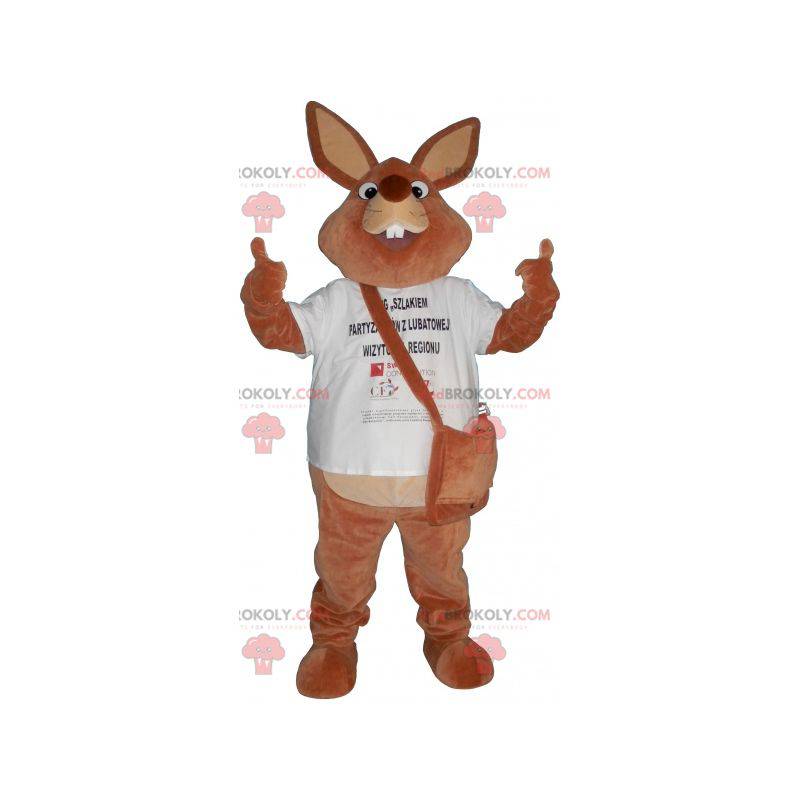 Kæmpe brun kaninmaskot med en skoletaske - Redbrokoly.com