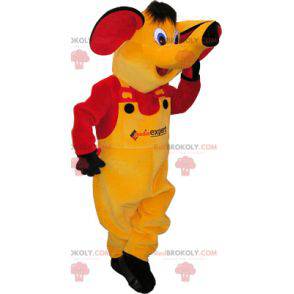 Mascote elefante amarelo vestido de amarelo e vermelho -