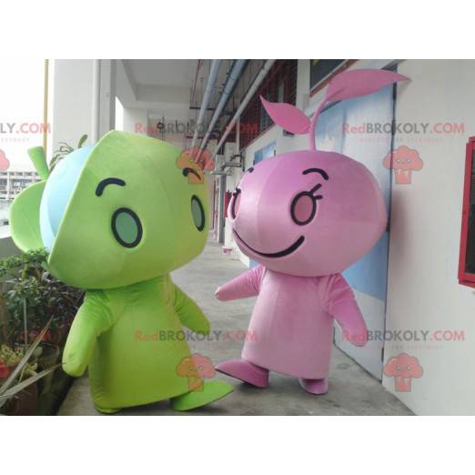 2 mascotes de bonecos de neve gigantes verdes e rosa -