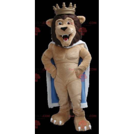 Leeuwenkoning mascotte met een cape en een kroon -