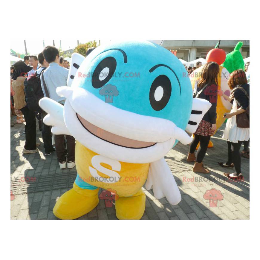 Mascotte grande pesce giallo bianco e blu - Redbrokoly.com Mascotte grande pesce giallo bianco e blu - Redbrokoly.com