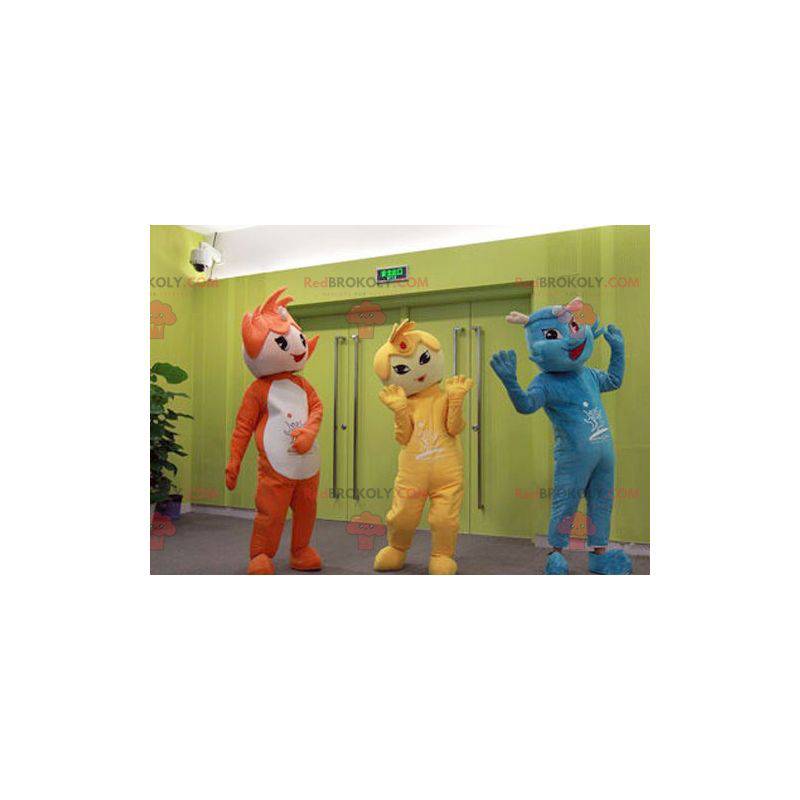 3 mascottes van kleurrijke en lachende karakters -