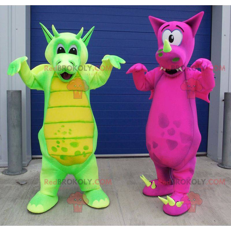 2 dragon mascots one green and one pink - Redbrokoly.com