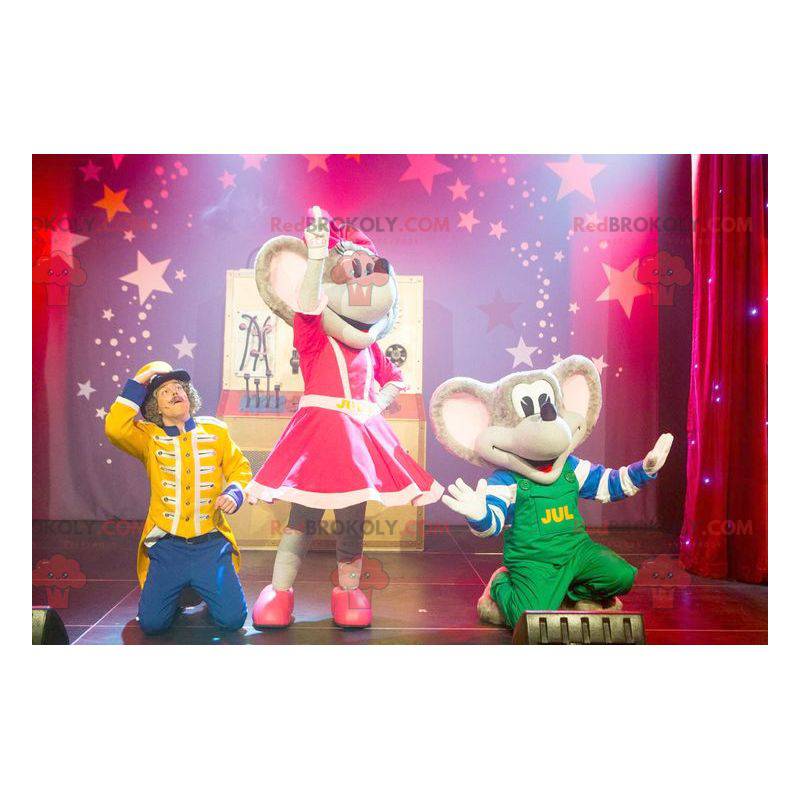2 gray mouse mascots in colorful outfit - Redbrokoly.com