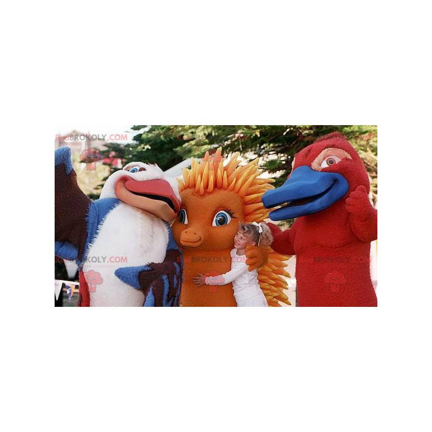 3 mascots a bird an orange hedgehog and an otter -