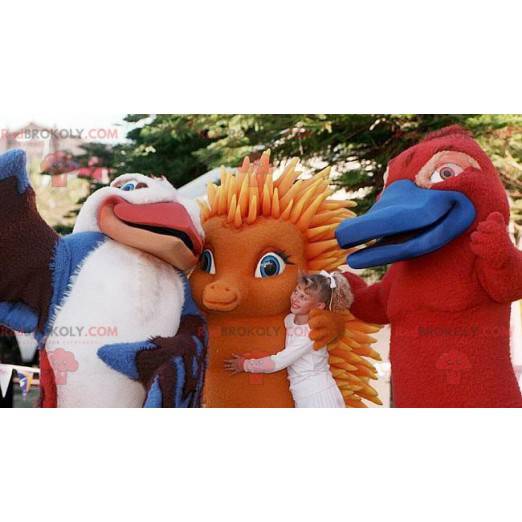 3 mascots a bird an orange hedgehog and an otter -