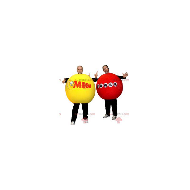 2 mascotes de bolas gigantes vermelhas e amarelas -