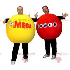 2 mascotes de bolas gigantes vermelhas e amarelas -