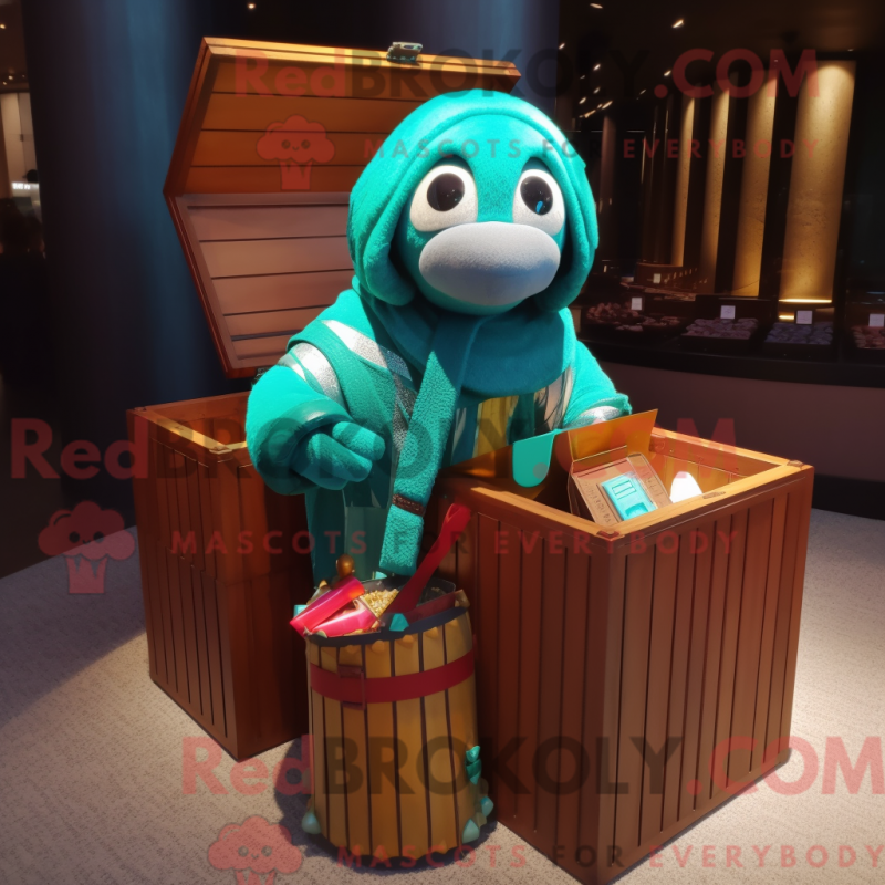 Fantasia de mascote baú do tesouro turquesa com capa e luvas - Mascotes do Baú do Tesouro - REBROKO_220398 - RedBrokoly.com