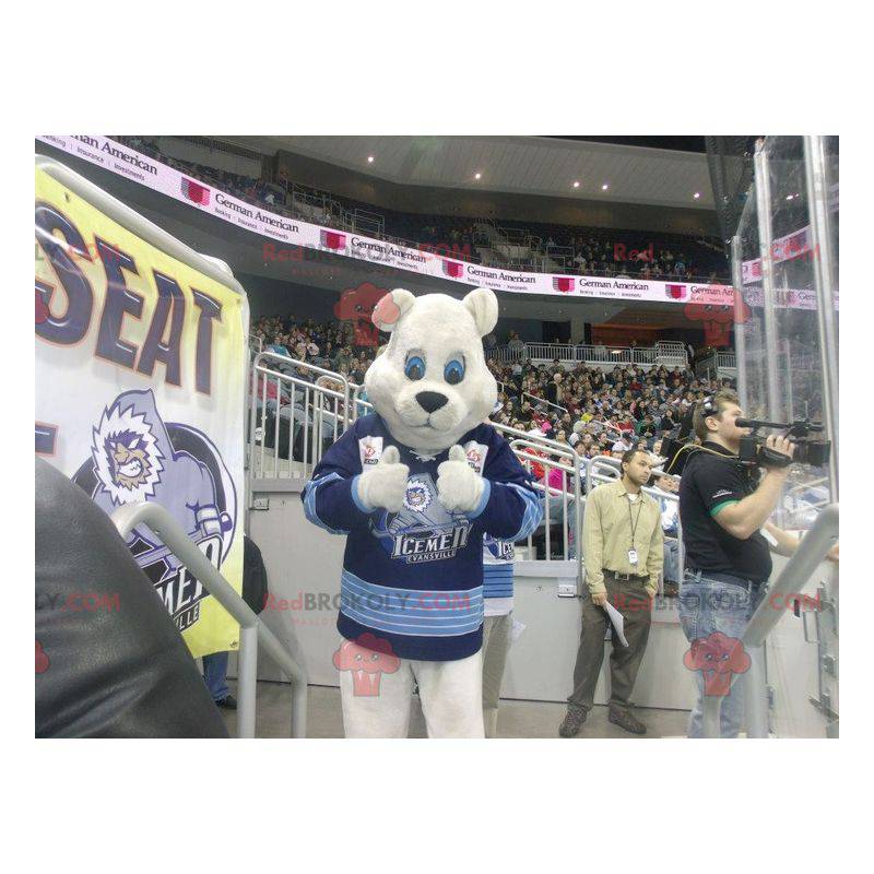 Mascotte dell'orso polare con una maglia blu - Redbrokoly.com