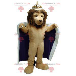 Mascote do leão vestido de rei com uma capa e uma coroa -