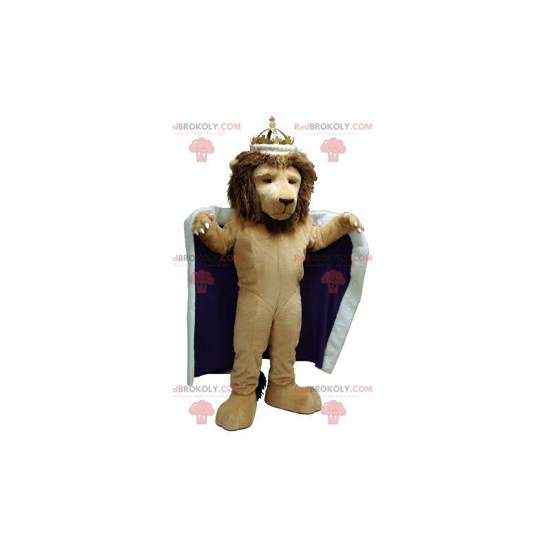 Lion maskot kledd som en konge med kappe og krone -