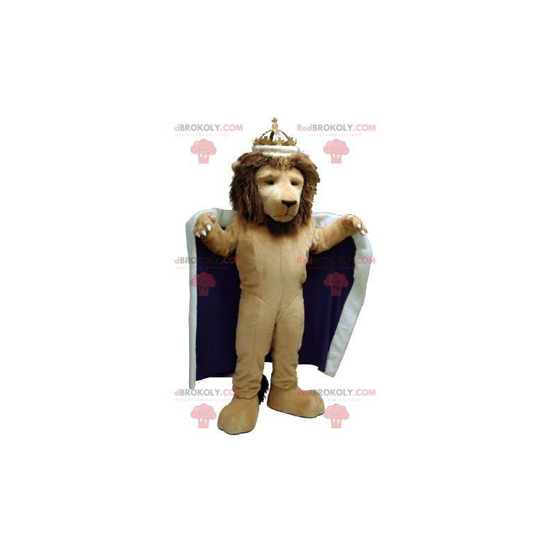 Mascota león vestida como un rey con una capa y una corona. - Mascota león vestida como un rey con una capa y una corona. -