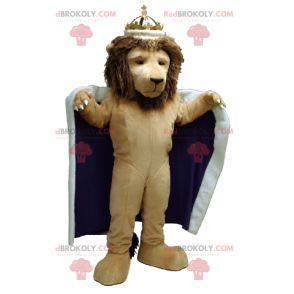 Lion mascotte gekleed als een koning met een cape en een kroon