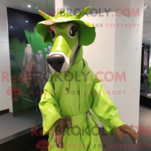 Limegrön okapi maskotdräkt med regnrock och hattar - Okapi-maskotar - REBROKO_220608 - RedBrokoly.com