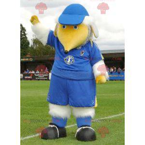 Mascot stor hvid og gul fugl i blåt tøj - Redbrokoly.com
