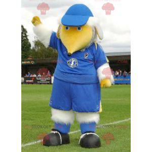 Mascotte de grand oiseau blanc et jaune en tenue bleue -