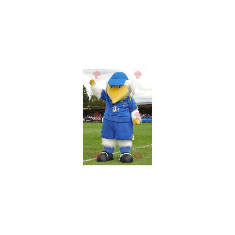 Mascot grote witte en gele vogel in blauwe outfit -