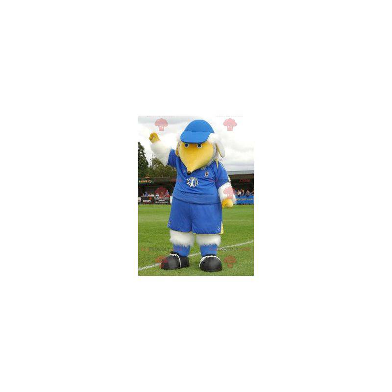 Mascotte de grand oiseau blanc et jaune en tenue bleue -