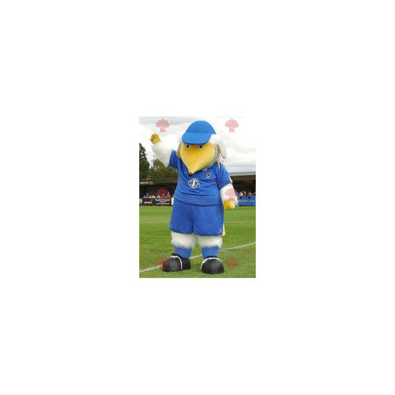 Mascotte grande uccello bianco e giallo in abito blu - Mascotte grande uccello bianco e giallo in abito blu -
