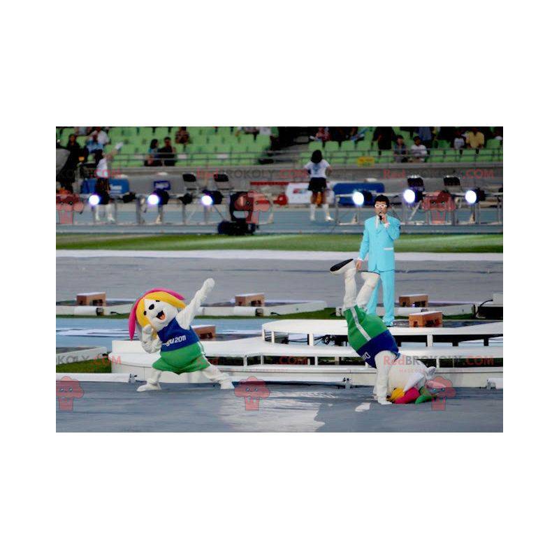 2 mascots of yellow and white dogs in sportswear - 2 mascots of yellow and white dogs in sportswear -