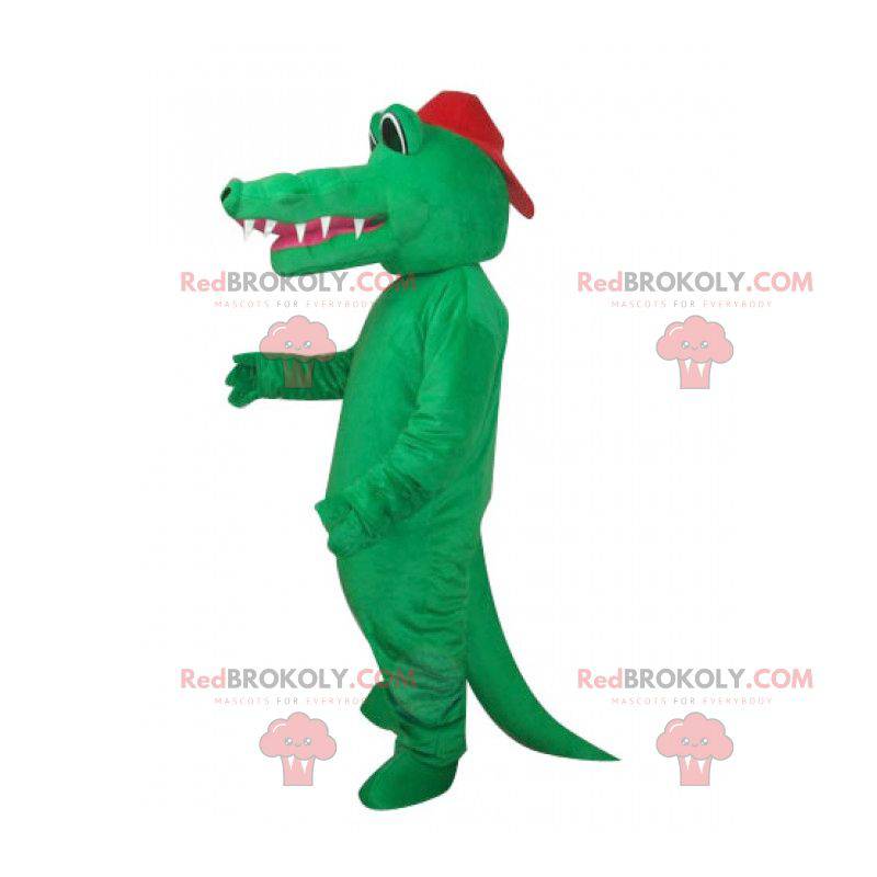 Volledig naakte groene krokodilmascotte met een pet -