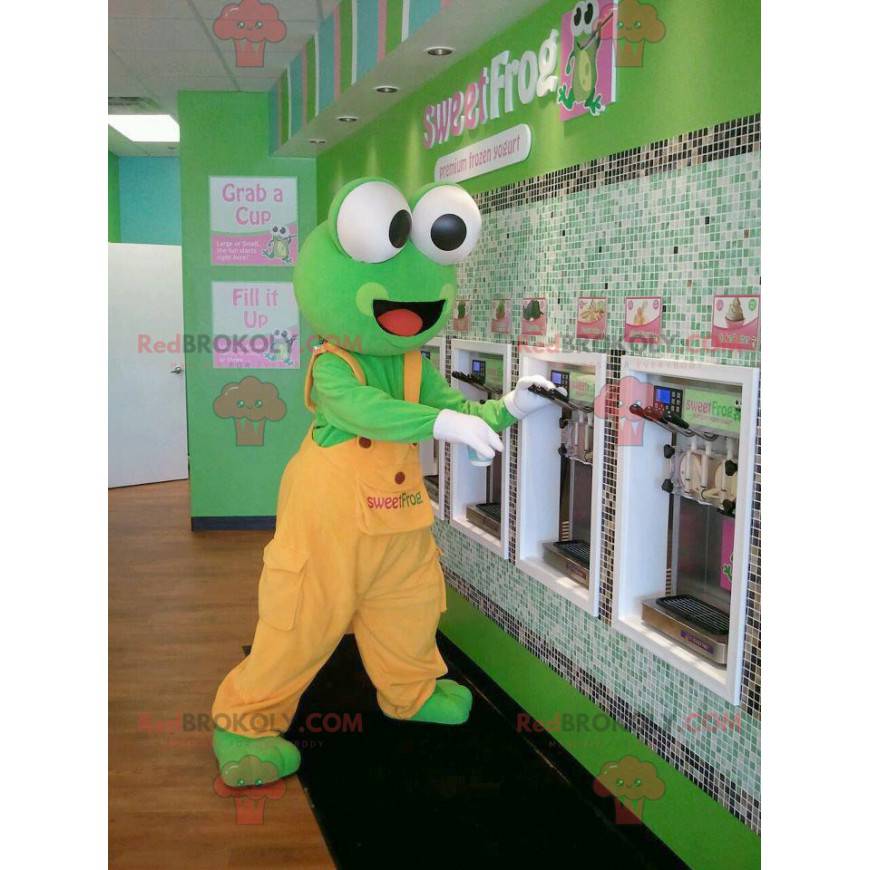 Green frog mascot in orange overalls - Redbrokoly.com